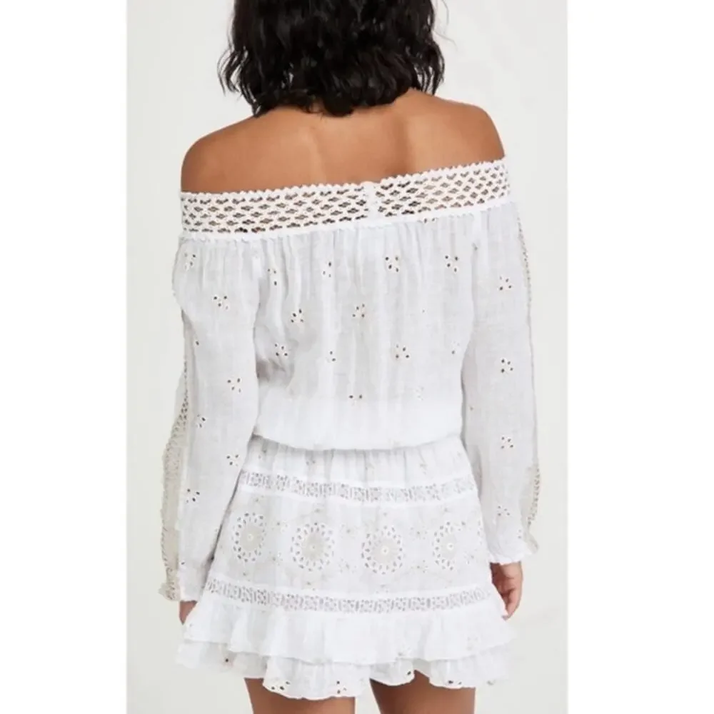 Temptation Positano Irlanda White Smocked‎ Eyelet 100% Linen Mini Dress - Picture 3 of 12